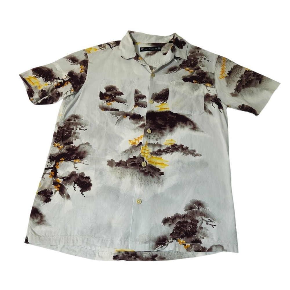 AllSaints‎ Button Down Shirt Mens XS Grey Japanese Landscape Print Short Sleeve